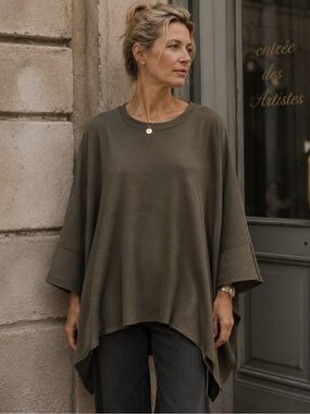Okakie Olive Oversized Tunic Top One Size Lagenlook Minimalist Cotton Blend